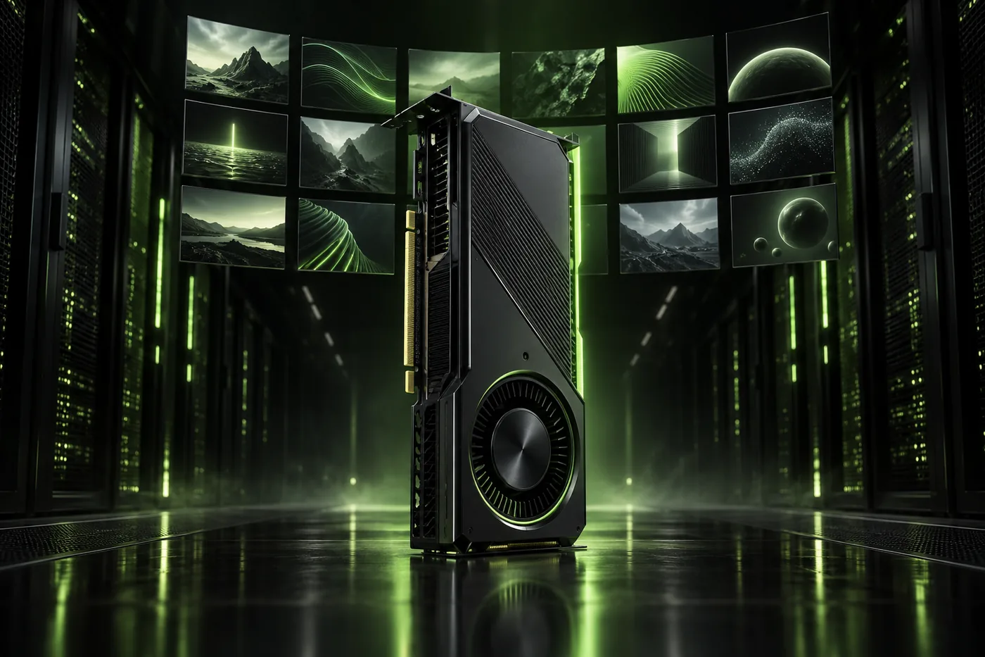 A data-centre GPU board under green light, generating a grid of images